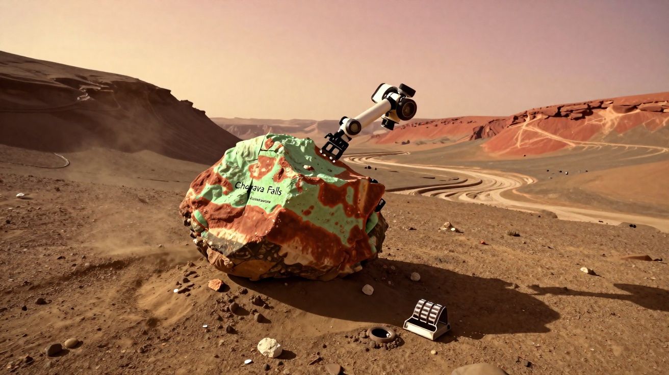 Rover robotique analysant un rocher marqué "Chokaya Falls" dans un paysage désertique aride et montagneux.