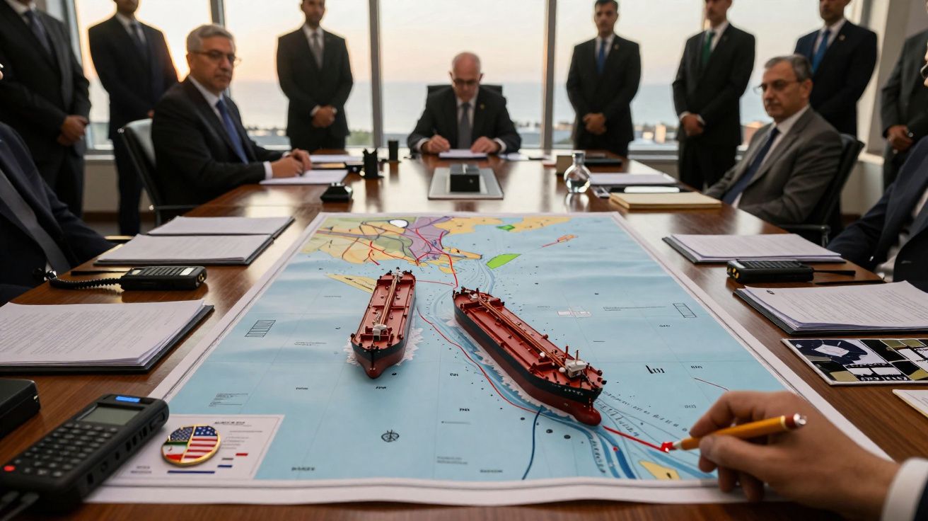 Réunion de plusieurs hommes d'affaires autour d'une table avec une carte maritime et deux maquettes de navires.