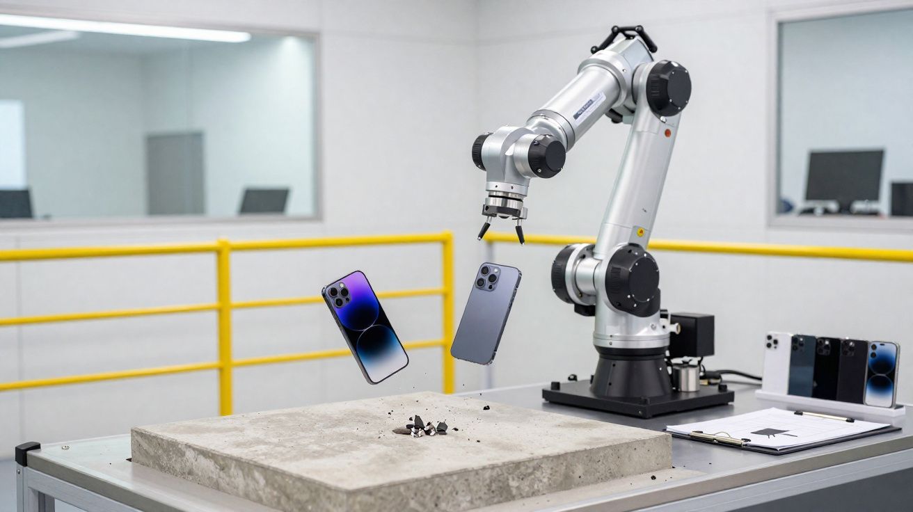Bras robotique manipulant des smartphones en suspension au-dessus d'une surface en béton dans un laboratoire moderne.