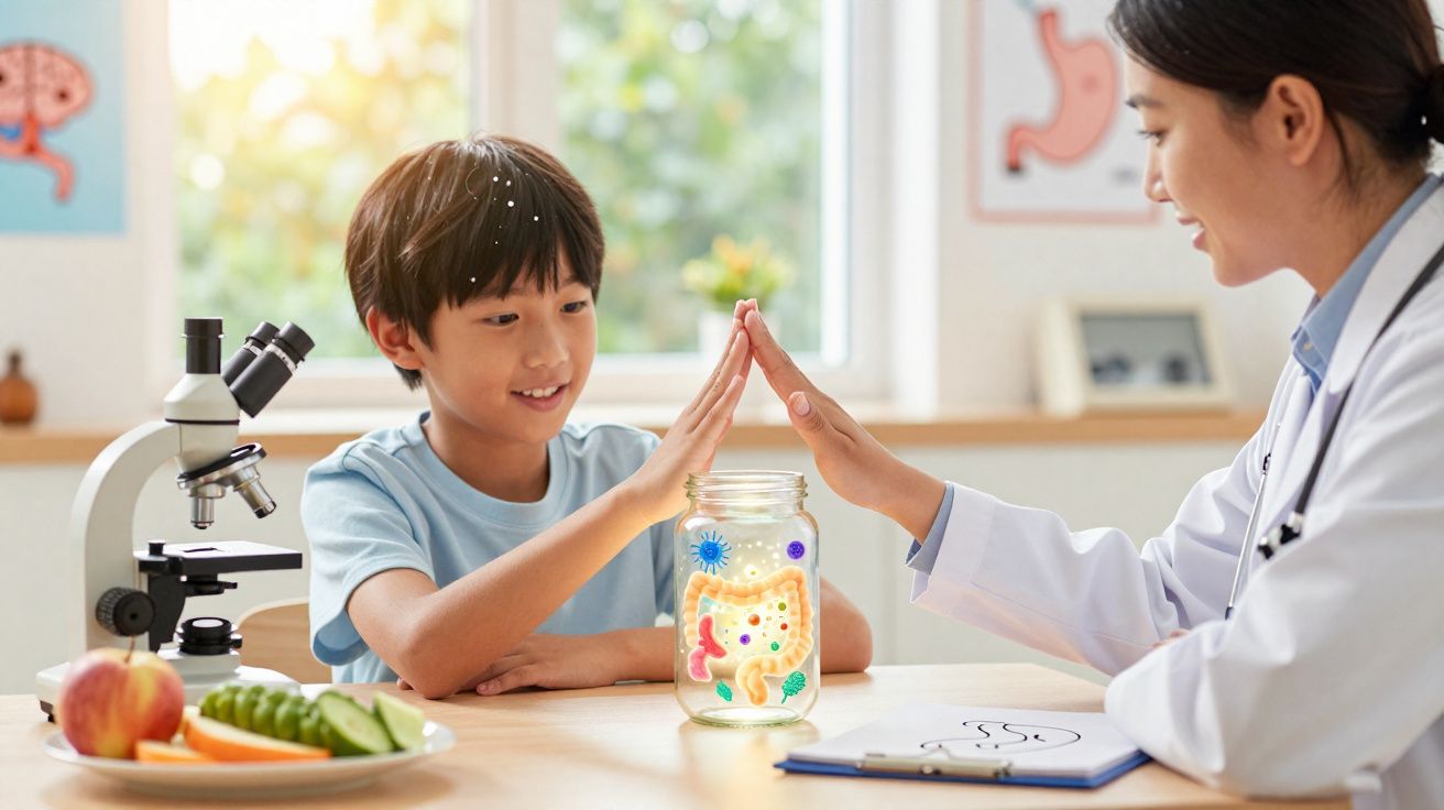 Enfant et médecin souriant lors d'une activité éducative sur la digestion avec un microscope et des fruits.