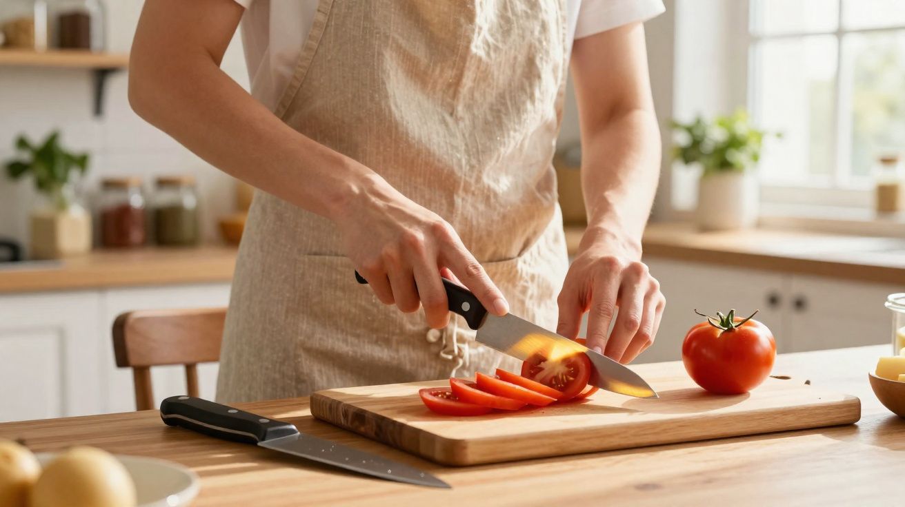 Personne en tablier coupant une tomate en tranches sur une planche en bois dans une cuisine lumineuse.