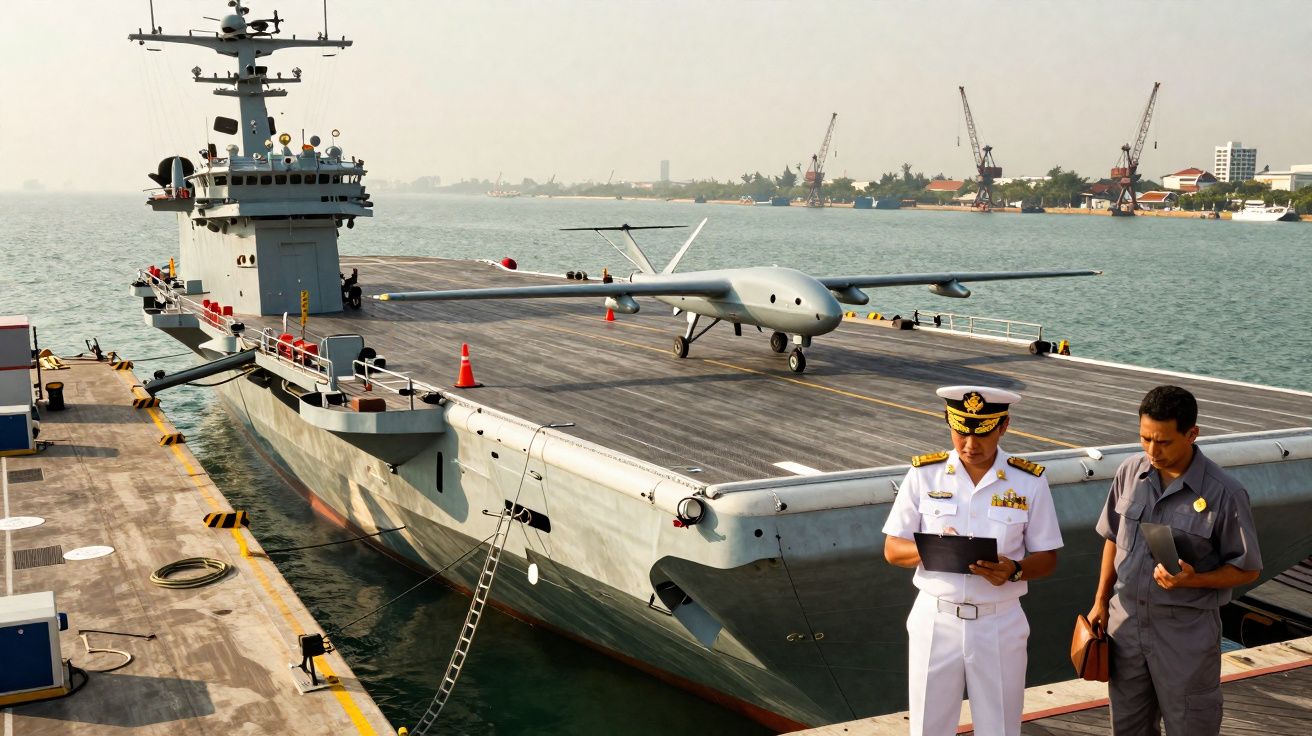 Porte-avions amarré avec un drone militaire sur le pont et deux officiers discutant sur le quai.