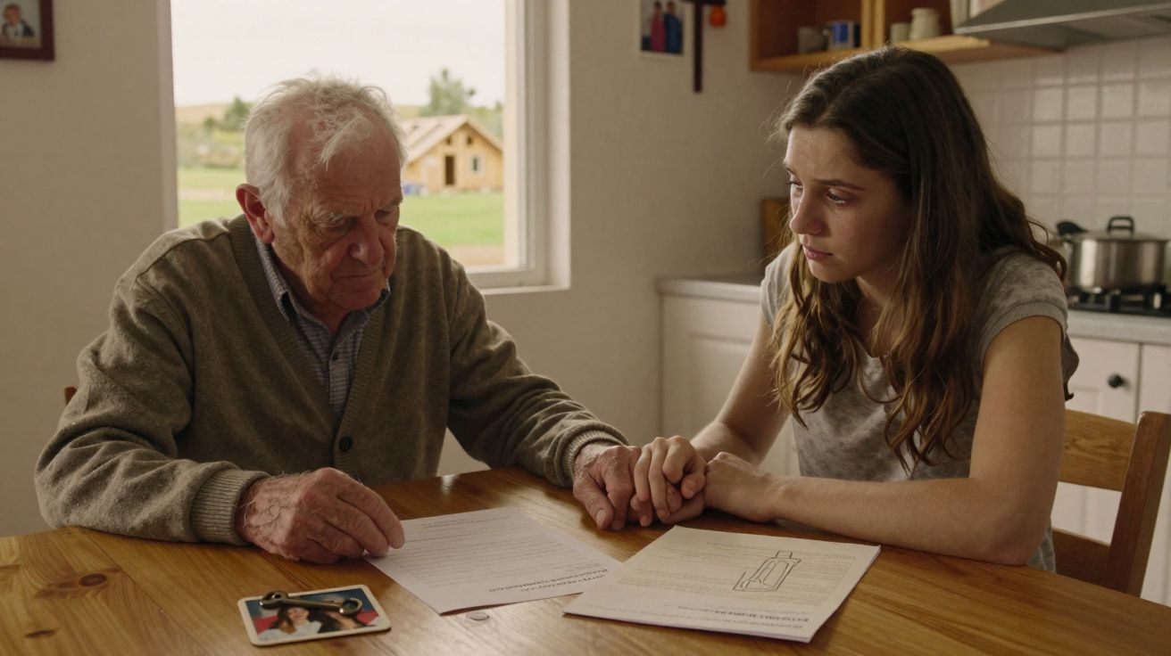 Un vieil homme et une jeune femme se tiennent la main autour d'une table avec des documents.