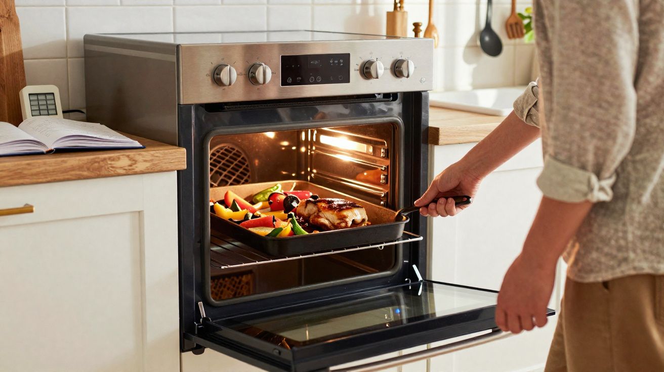 Personne retirant un plat de légumes et de poulet rôti d'un four encastré moderne dans une cuisine.