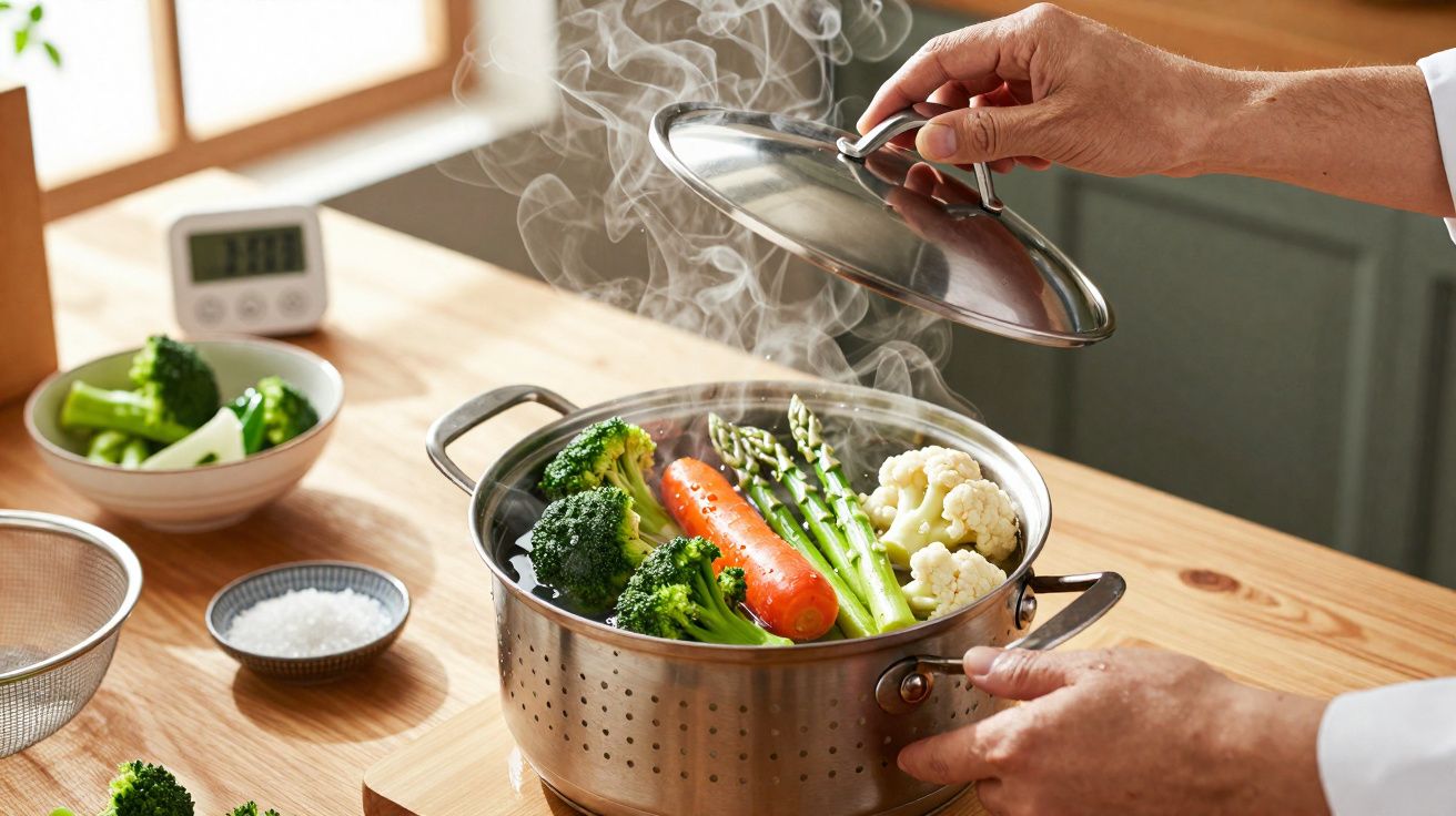 Personne soulevant le couvercle d'un panier vapeur avec légumes frais cuisant à la vapeur.