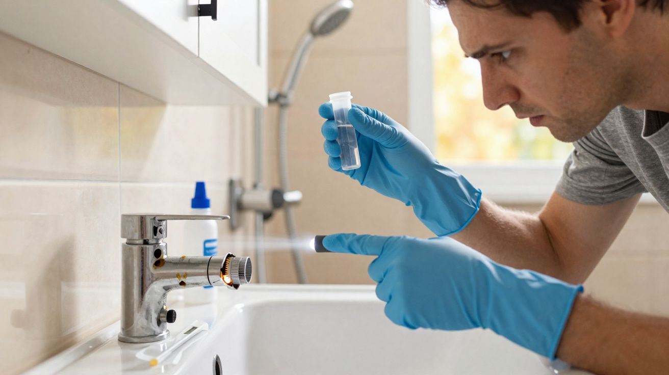 Homme en gants bleus inspectant un robinet qui fuit dans une salle de bain avec un flacon transparent.