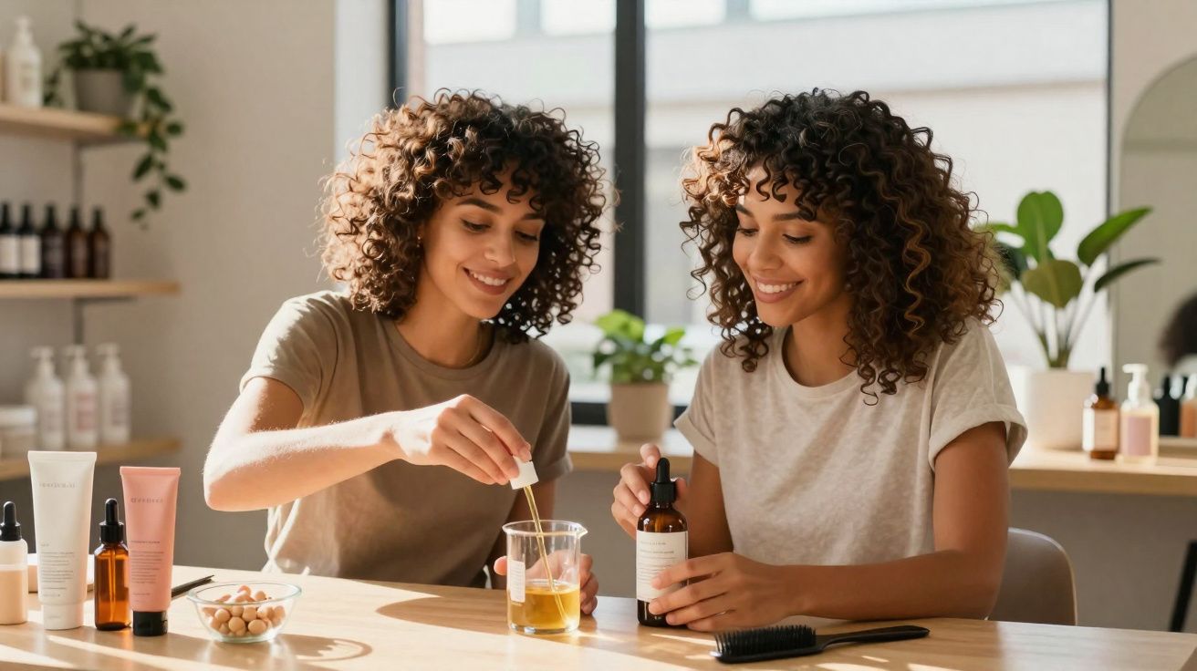 Deux femmes souriantes préparent un soin naturel avec des huiles et ingrédients dans un espace lumineux.