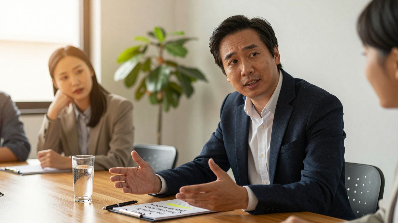 Homme d'affaires asiatique en réunion expliquant un point, femme et autres collègues en arrière-plan.