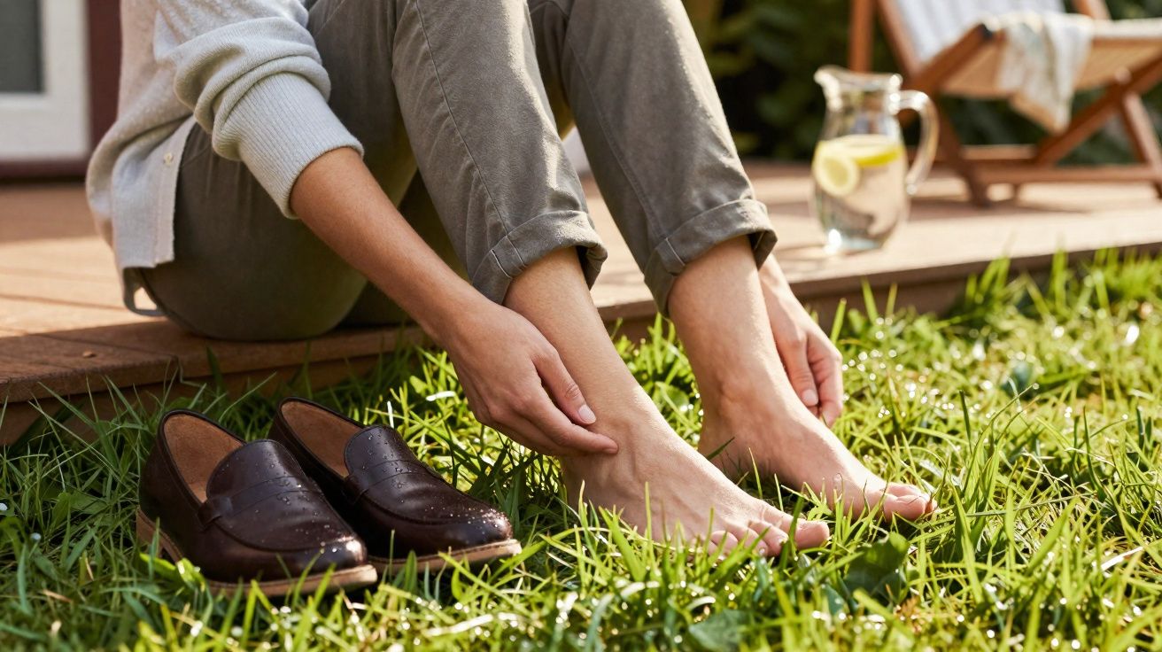 Personne assise sur une terrasse touche ses pieds nus dans l'herbe, chaussures posées à côté.