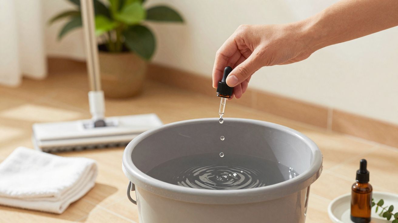 Une main verse des gouttes d’huile essentielle dans un seau d’eau pour le nettoyage au sol.
