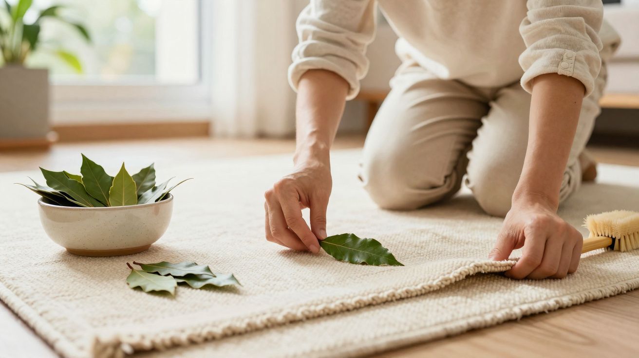 Personne pliant un tapis beige après avoir enlevé des feuilles vertes avec une brosse à poils doux.