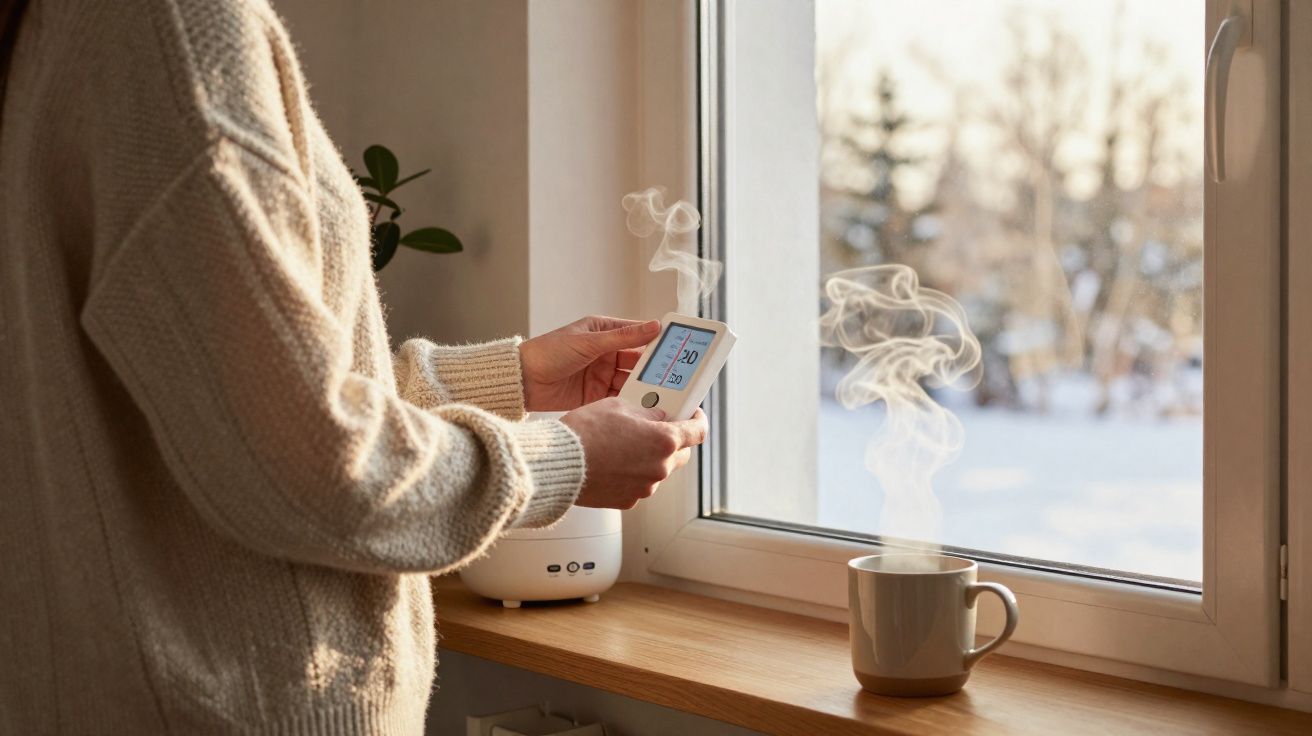 Personne en pull beige tenant un thermostat devant une fenêtre avec une tasse fumante sur le rebord.