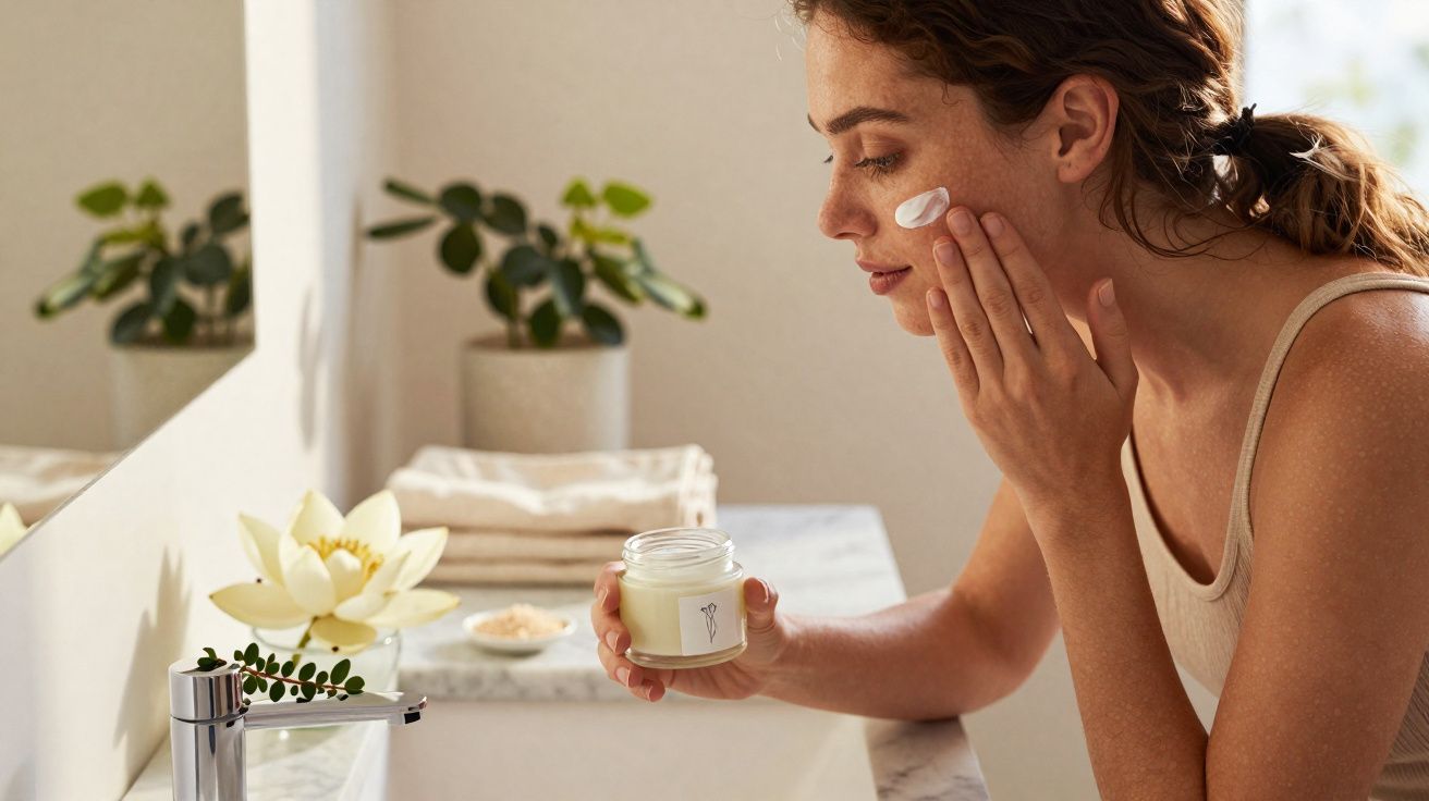 Femme appliquant une crème hydratante sur le visage dans une salle de bain lumineuse et apaisante.