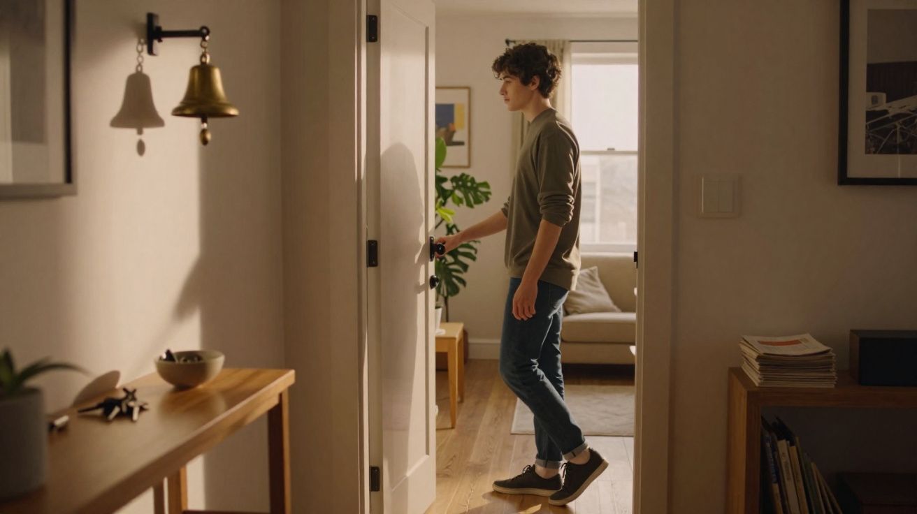 Jeune homme ouvrant la porte d'une pièce lumineuse avec un canapé et une plante d'intérieur visible.
