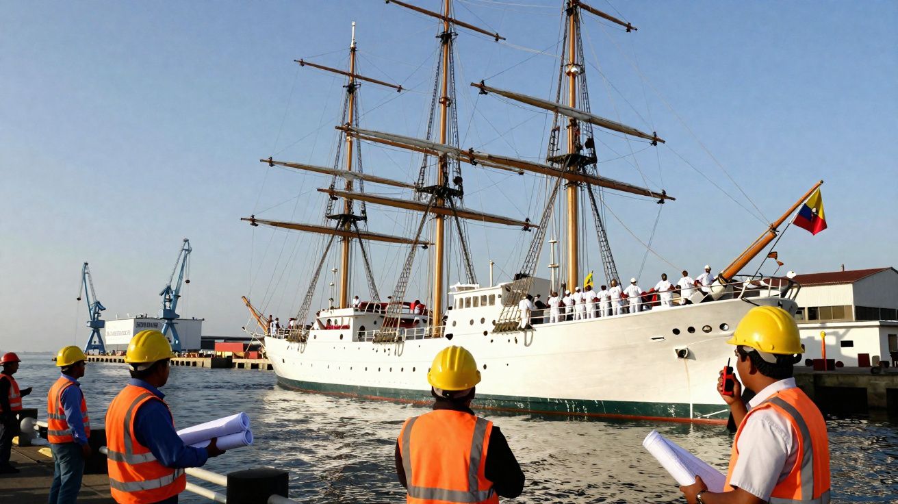 Voilier blanc amarré, équipage en uniforme sur le pont, ouvriers avec casques et gilets orange à quai.