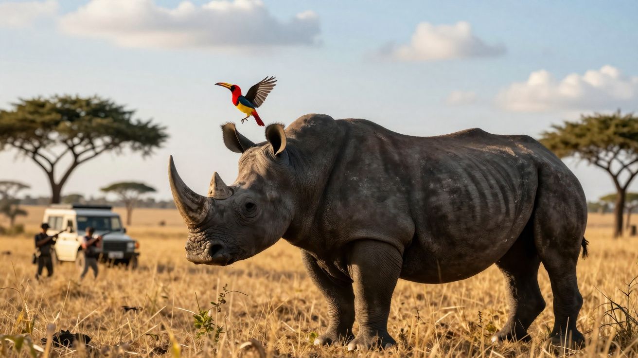 Rhinocéros debout dans la savane avec un oiseau coloré en vol près de sa tête, deux personnes et un véhicule en arrière-plan.