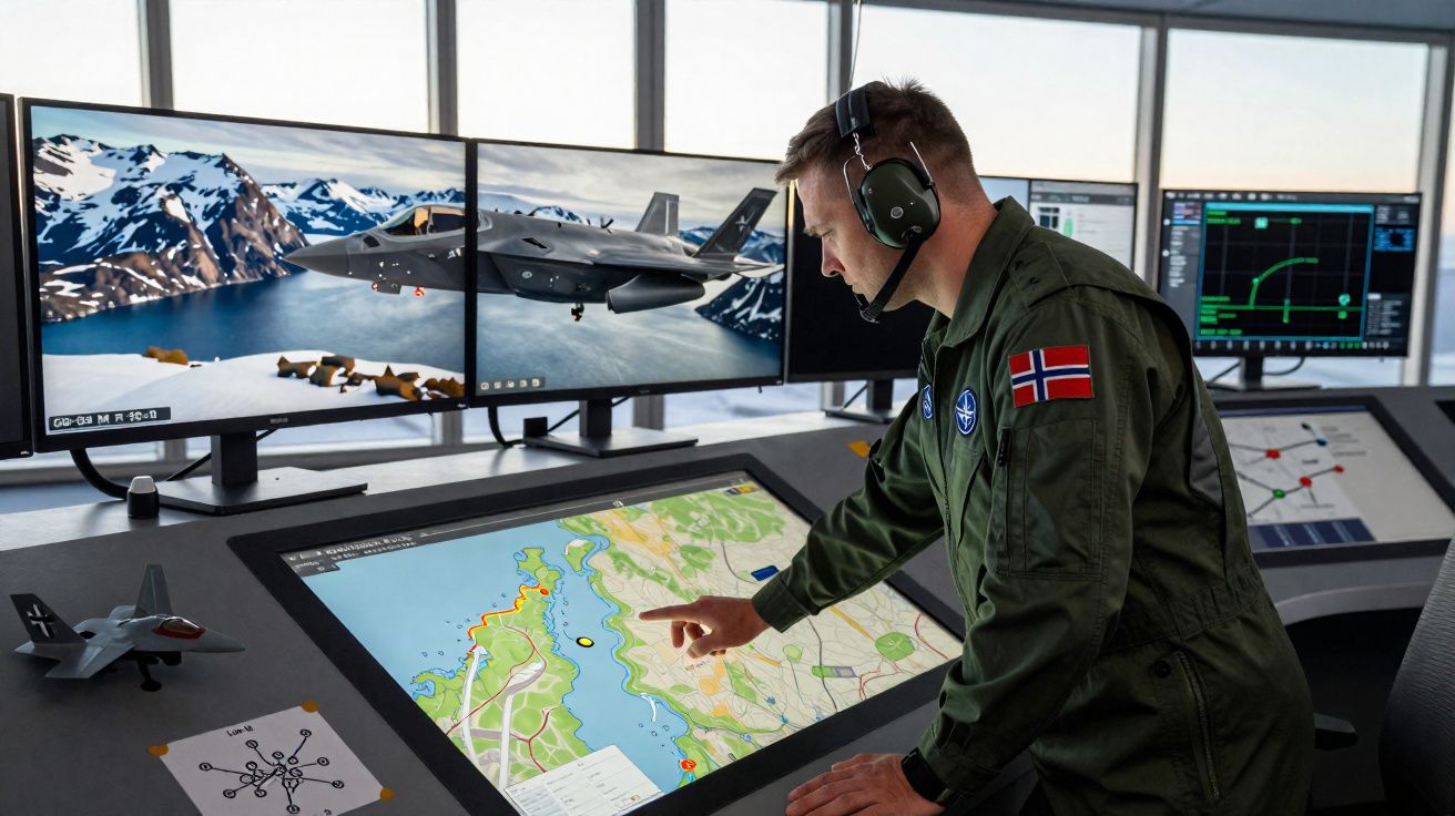 Un militaire en uniforme avec drapeau norvégien utilise un écran tactile affichant une carte dans un centre de contrôle.