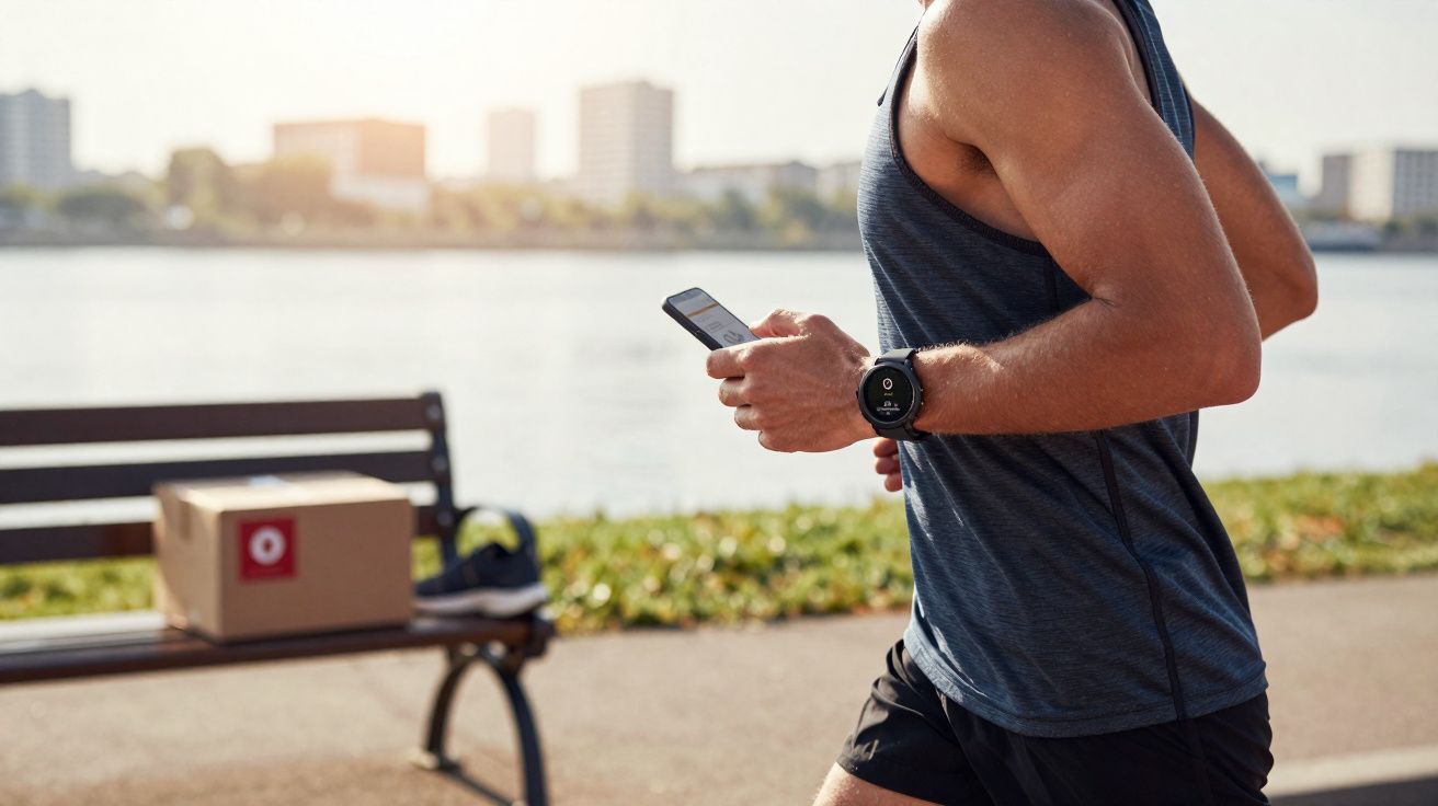 Homme en tenue de sport courant près de l'eau, tenant un smartphone, avec une montre connectée au poignet.