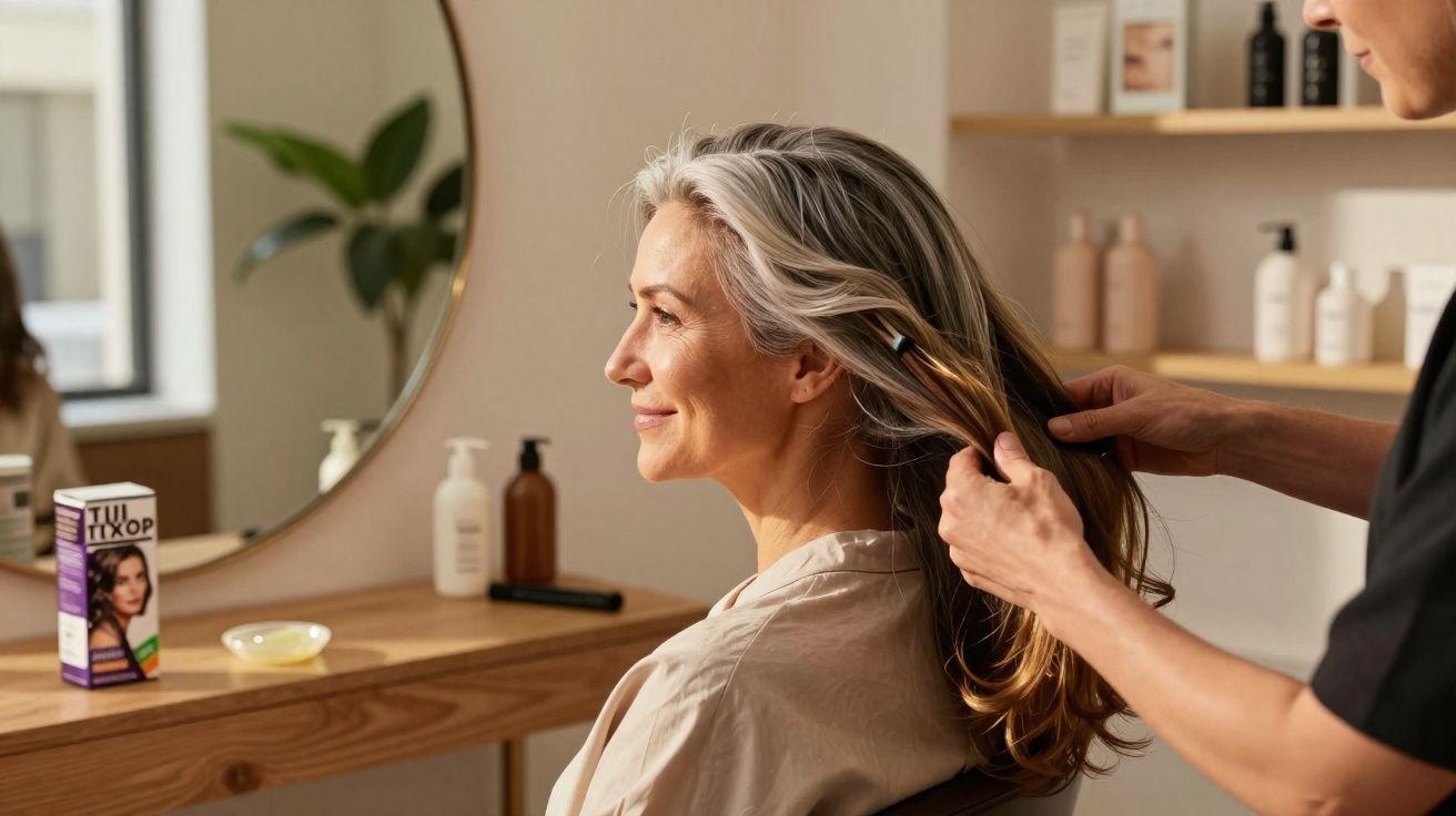 Femme souriante aux cheveux longs gris et bruns, assise dans un salon coiffure, une main coiffe ses cheveux.
