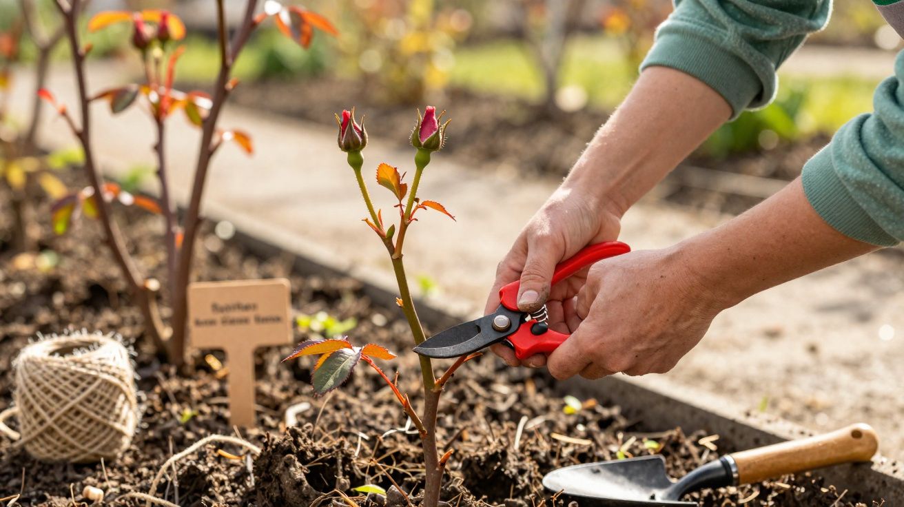 Personne taillant une jeune rose avec un sécateur rouge dans un jardin ensoleillé.