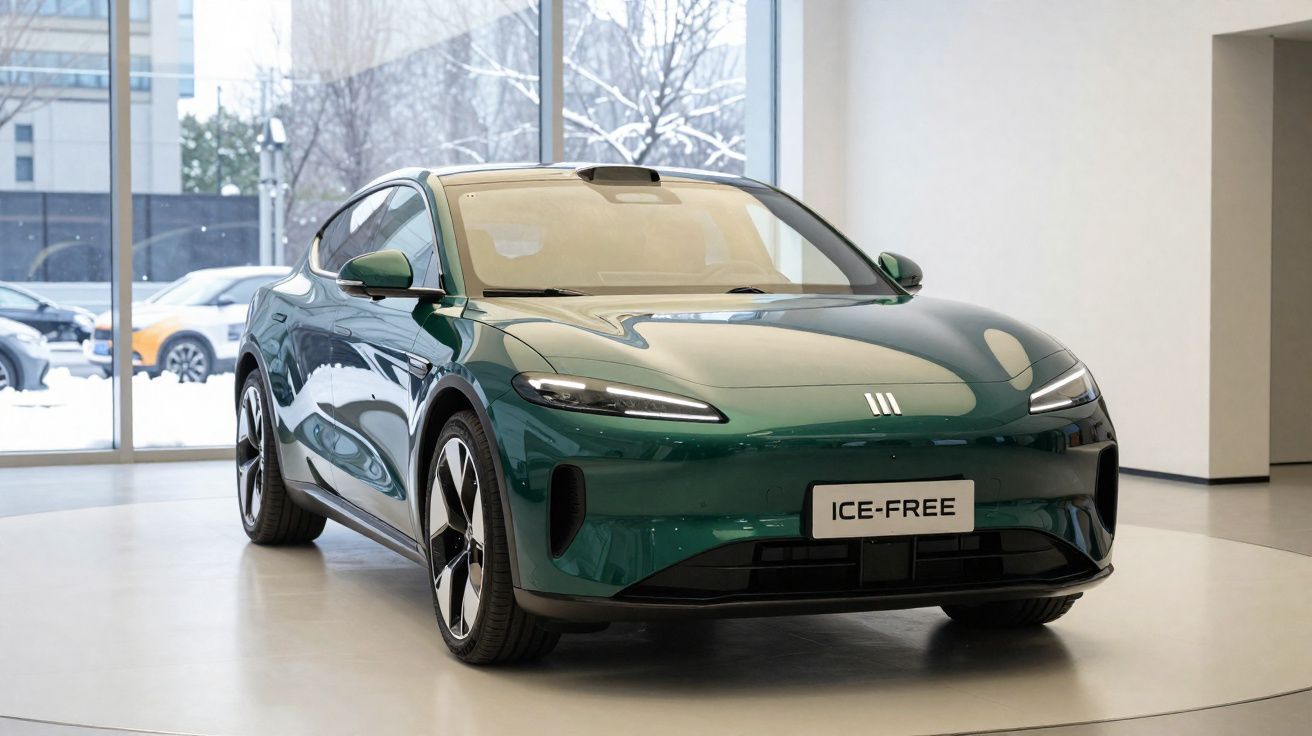 Voiture électrique verte brillante exposée en intérieur avec plaque d’immatriculation ICE-FREE.
