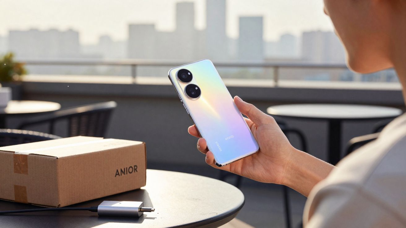 Personne tenant un smartphone argenté près d'une table ronde avec une boîte en carton et un chargeur.