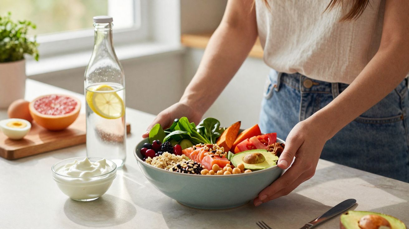 Personne tenant un bol de salade saine avec avocat, saumon, légumes et fruits sur une table de cuisine.