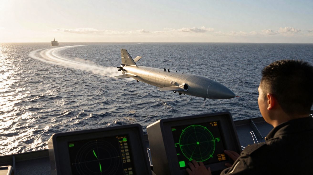 Militaire surveillant un drone sous-marin naviguant sur l'eau avec un navire en arrière-plan au coucher du soleil.