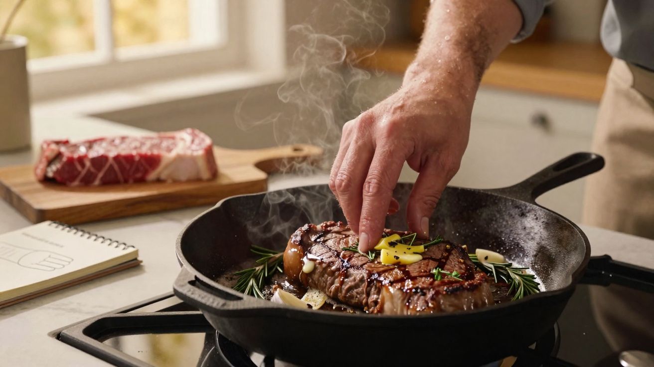 Main posant du beurre et des herbes sur un steak grillé dans une poêle en fonte fumante sur une cuisinière.