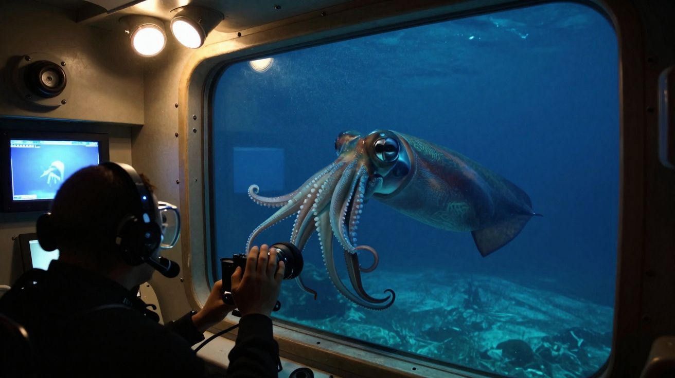 Un plongeur observe un calmar géant à travers la vitre d'un sous-marin avec une caméra.