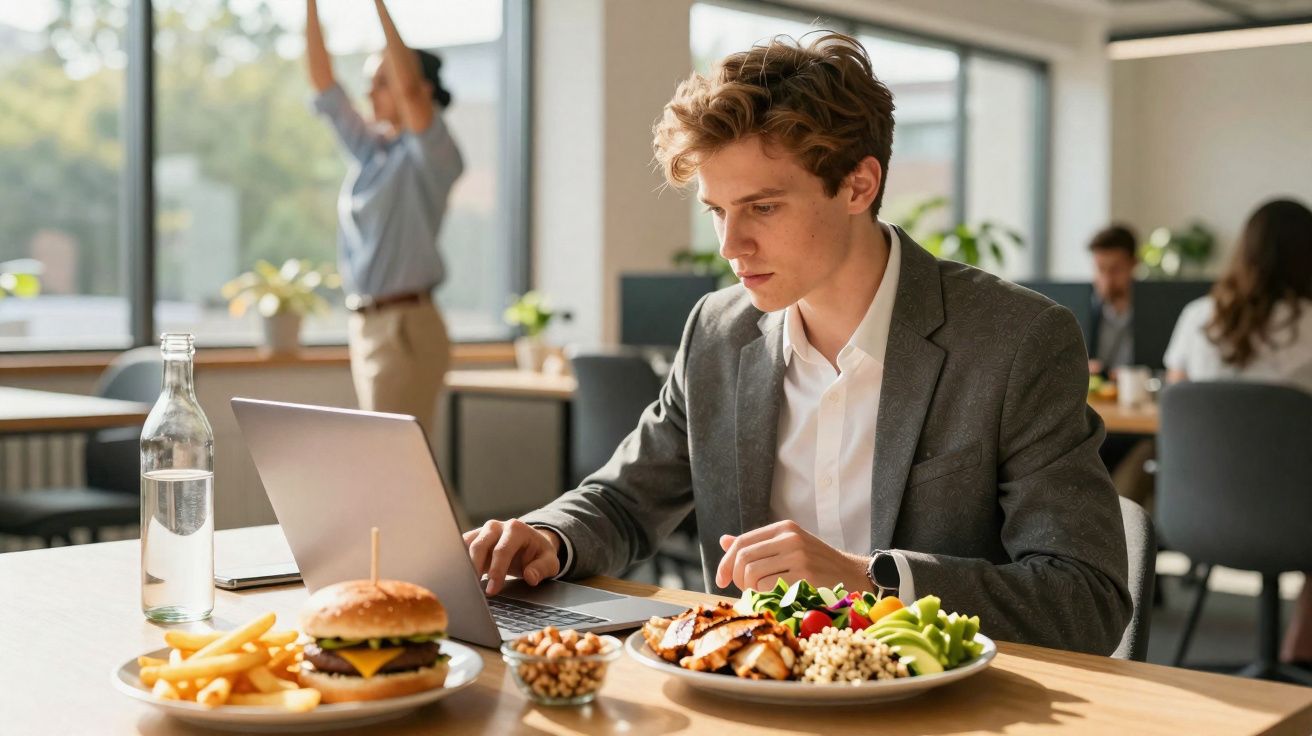 Jeune homme en costume travaillant sur un ordinateur portable avec repas healthy et fast-food sur la table.