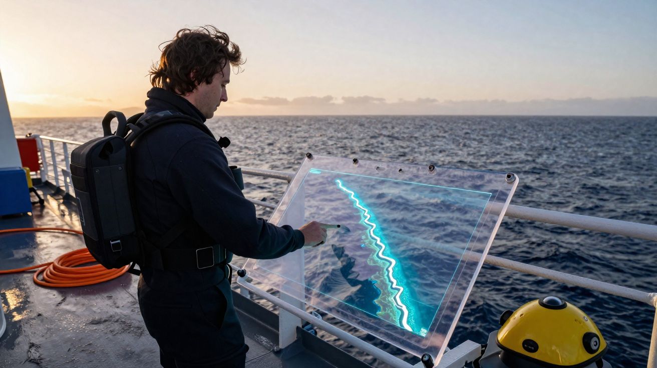 Homme utilisant un écran transparent interactif sur un bateau au coucher du soleil avec vue sur l'océan.