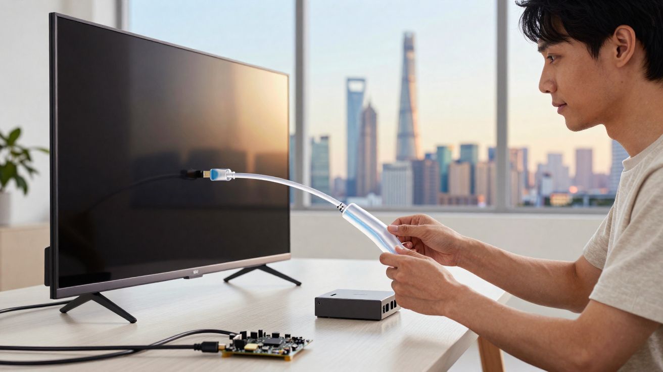 Jeune homme utilisant un câble USB connecté à un écran et des composants électroniques sur une table.