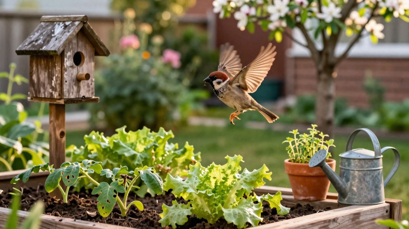 Moineau en vol au-dessus d'un potager avec des laitues, une mangeoire à oiseaux et un arrosoir métallique.