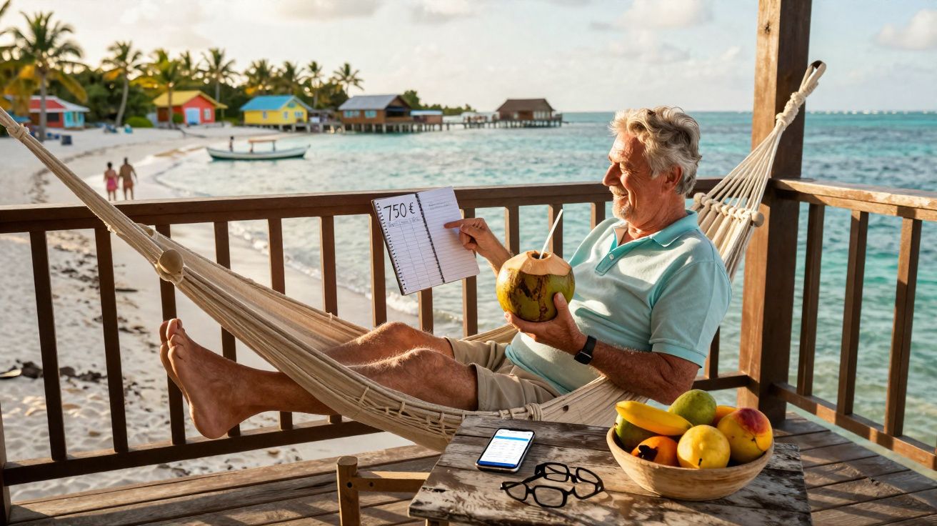 Homme âgé détendu dans un hamac en bord de mer tenant une noix de coco et un carnet avec 750 € écrit.