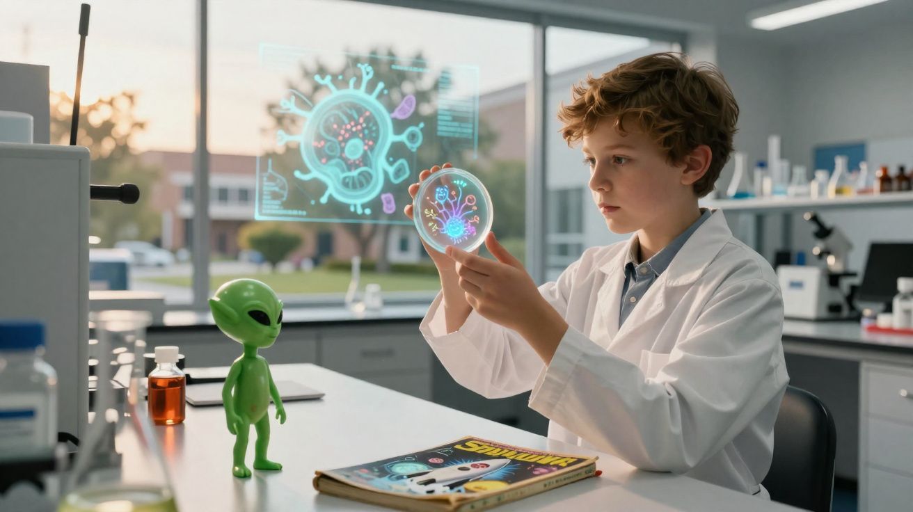 Jeune garçon en blouse blanche étudie une bactérie holographique dans une boîte de Pétri en laboratoire.