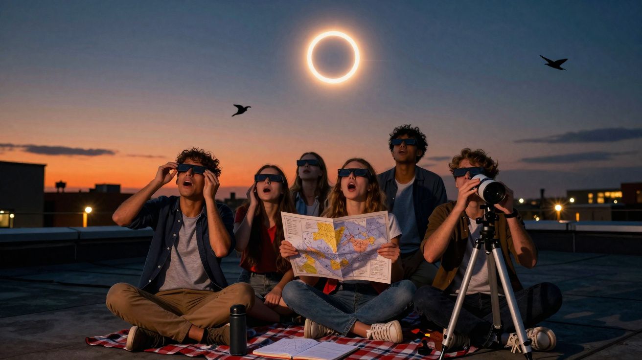 Cinq jeunes regardant une éclipse solaire avec lunettes spéciales sur un toit au coucher du soleil.