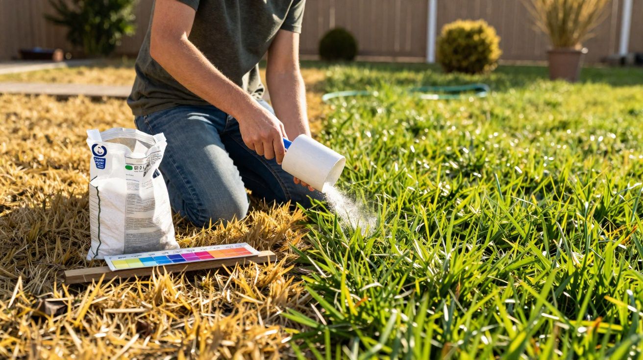 Personne appliquant de l'engrais sur une pelouse verte à côté d'une pelouse sèche, avec un kit de test du sol.