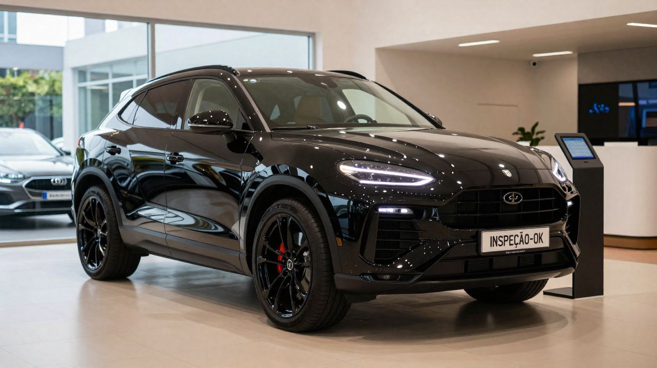 Véhicule SUV noir brillant exposé dans un showroom moderne avec éclairage intérieur et plaque "INSPEÇÃO-OK".