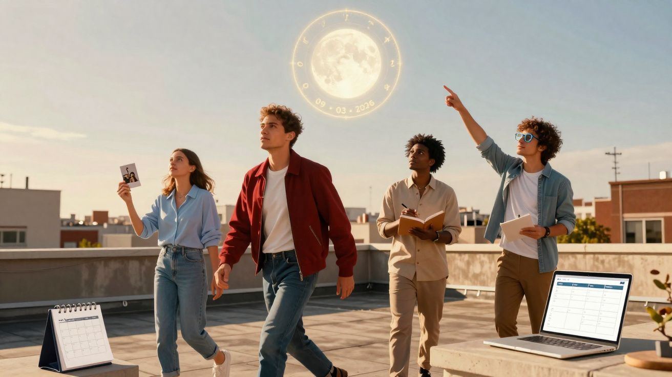 Quatre jeunes debout sur un toit, regardant une lune holographique avec un calendrier et un ordinateur portable.