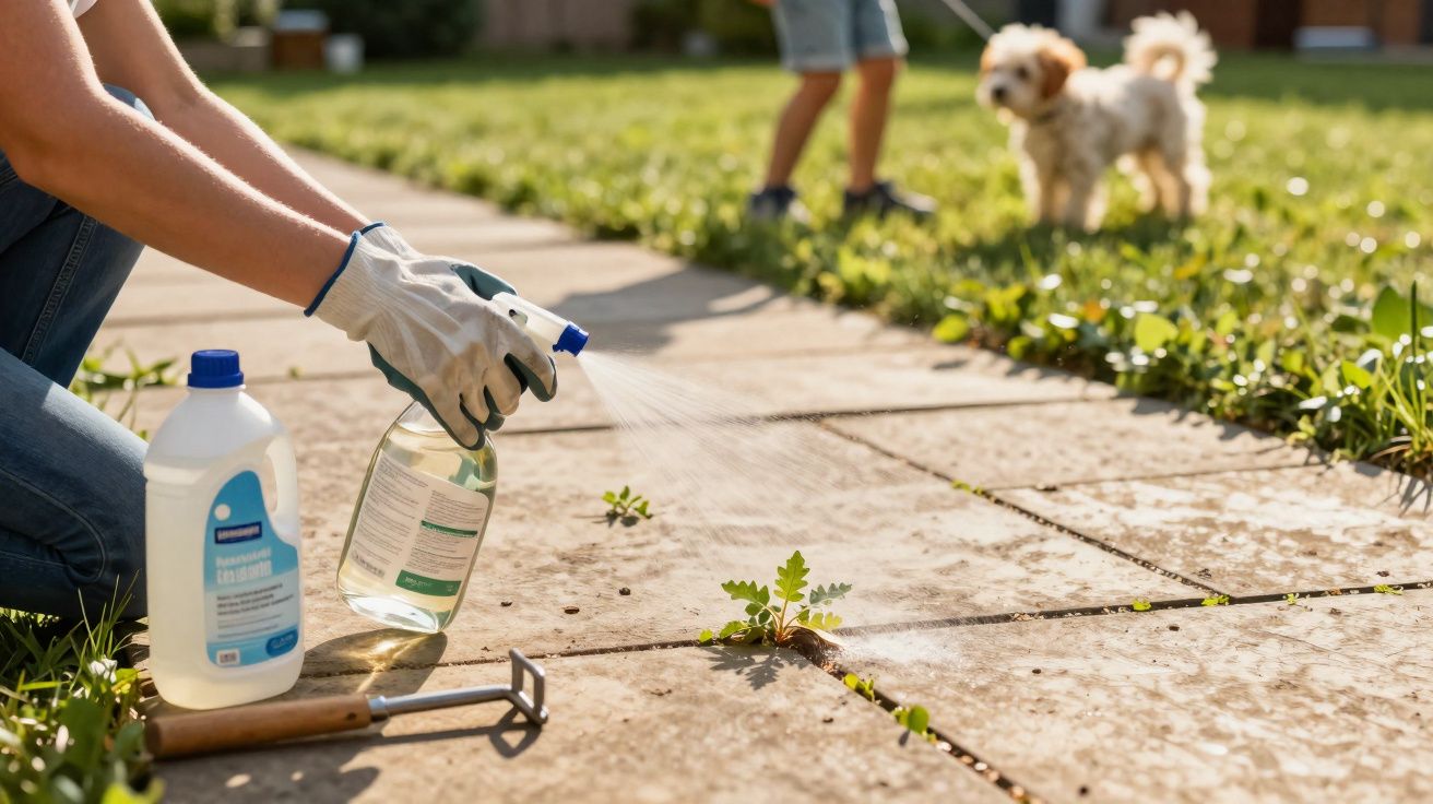 Une personne désherbe une allée en béton avec un spray, un enfant et un chien en arrière-plan.