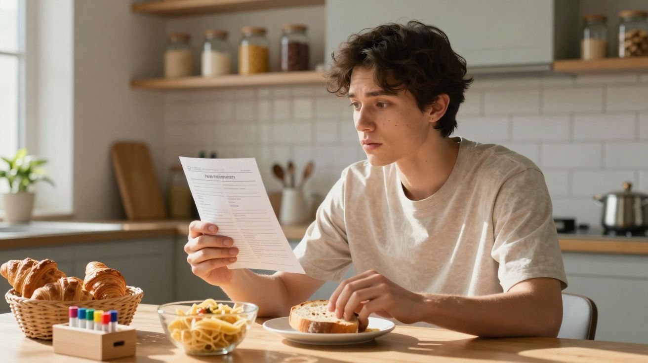 Jeune homme lisant un document tout en prenant son petit-déjeuner à table dans une cuisine lumineuse.