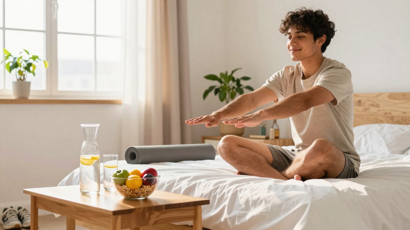 Jeune homme assis en tailleur sur un lit, étirant les bras devant lui dans une chambre lumineuse.