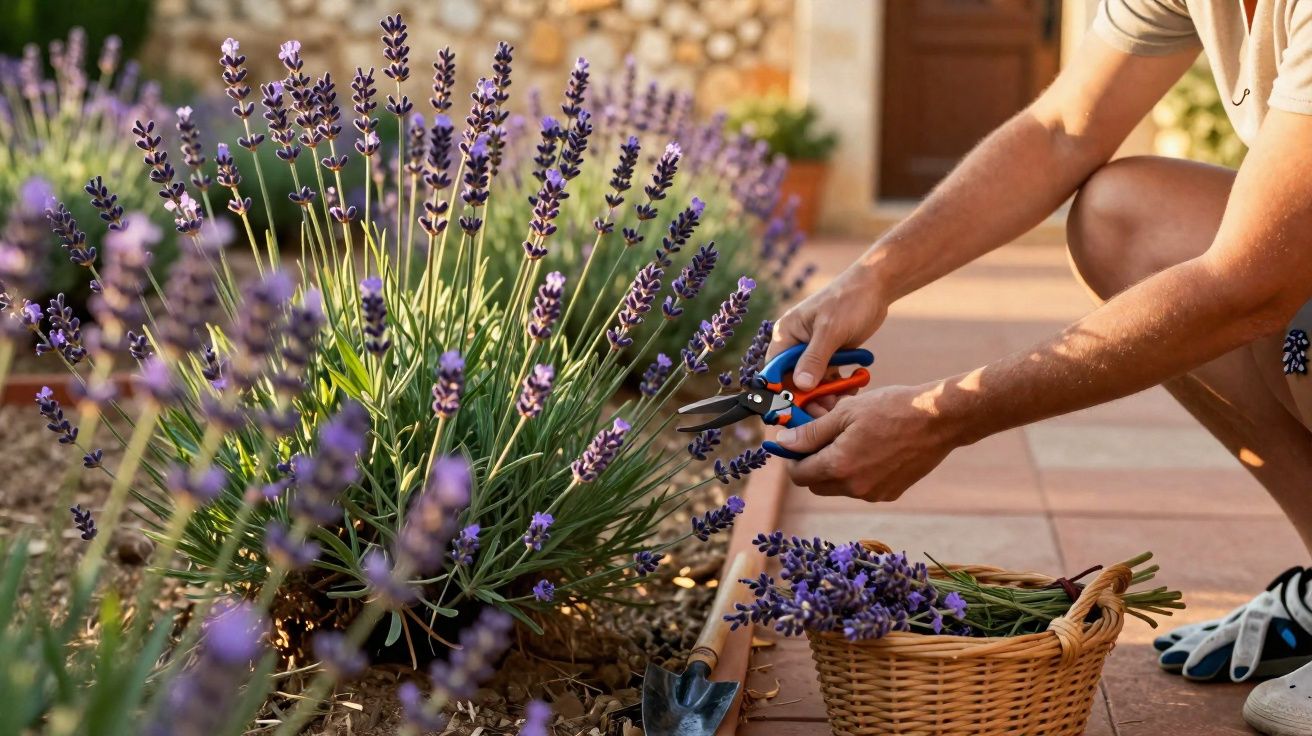 Personne coupant de la lavande avec un sécateur dans un jardin, panier en osier et outil de jardinage proche.