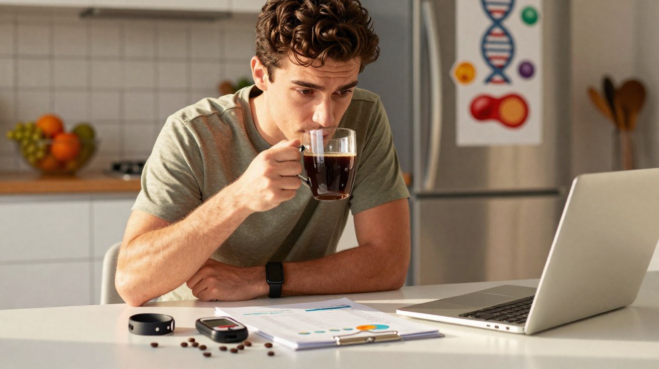 Jeune homme buvant un café en examinant des documents et un ordinateur dans une cuisine moderne.