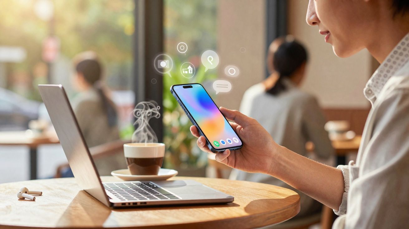 Personne tenant un smartphone avec icônes d'applications au-dessus, ordinateur portable et café en arrière-plan dans un café.