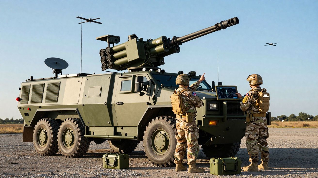 Deux soldats en tenue camouflage contrôlent un véhicule blindé équipé d'un canon et de drones en vol.