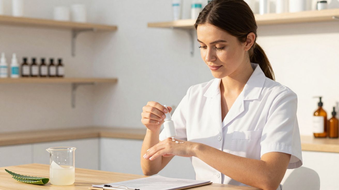 Jeune femme en blouse blanche appliquant une crème sur sa main dans un laboratoire lumineux.