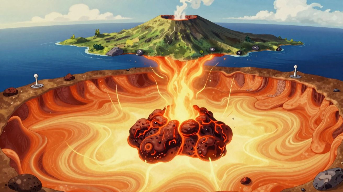 Vue en coupe d'un volcan sous-marin avec magma rouge jaillissant vers une île volcanique fumante en surface.
