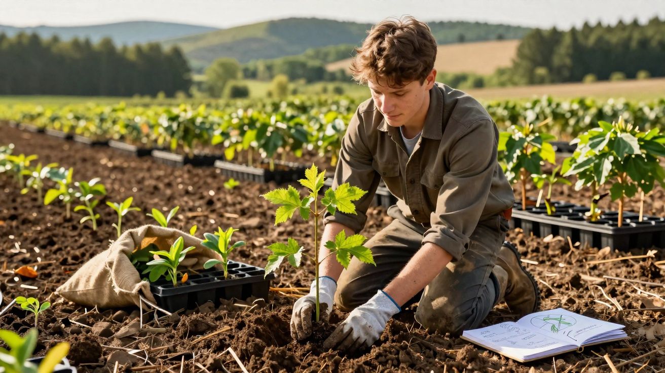Jeune homme plantant un arbre dans un champ, entouré de pousses et d’un carnet ouvert posé au sol.